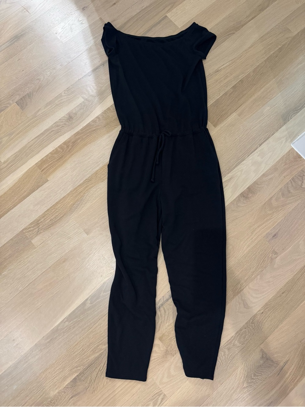 Beyond Yoga Black Cap-Sleeve Drawstring Jumpsuit
